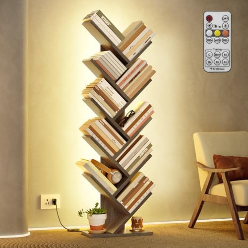 Hoctieon 10 Tier Tree Bookshelf with LED Lights, Small Bookcase, Freestanding Book Shelf, Display Floor Standing Storage