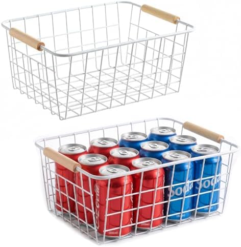 Metal White Wire Basket,Food Storage Organizer with Wooden Handles, pantry organizers and storage for Organizing Kitchen