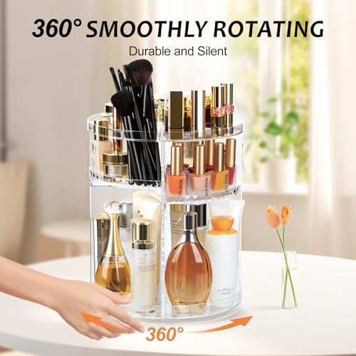 AMEITECH Rotating Makeup Organizer, 360 Spinning Skincare Organizers, 8 Adjustable Layer Cosmetic Storage Case with Brus