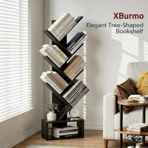 XBurmo 6 Tier Tree Bookshelf - Small Bookcase, Compact Book Tower with Drawer, Corner Bookshelf for Bedroom, Living Room