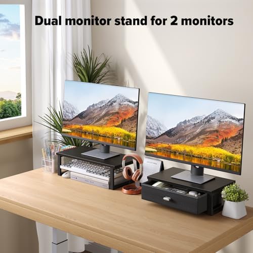 WOHOMO Dual Monitor Stand Riser with Drawers, Wood Desk Organizers for 2 Monitors, Desktop Storage Stand for Computer, L