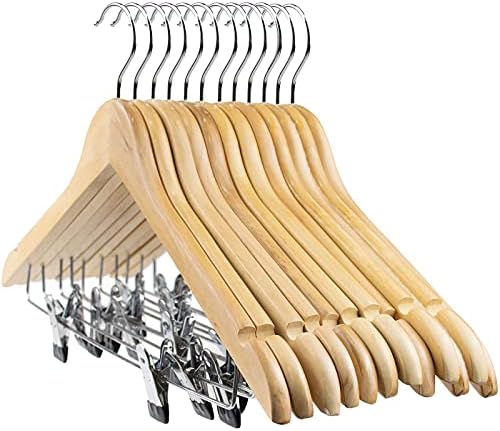 Tosnail 12-Pack Wooden Pant Hanger, Wooden Suit Hangers with Steel Clips and Hooks, Natural Wood Collection Skirt Hanger