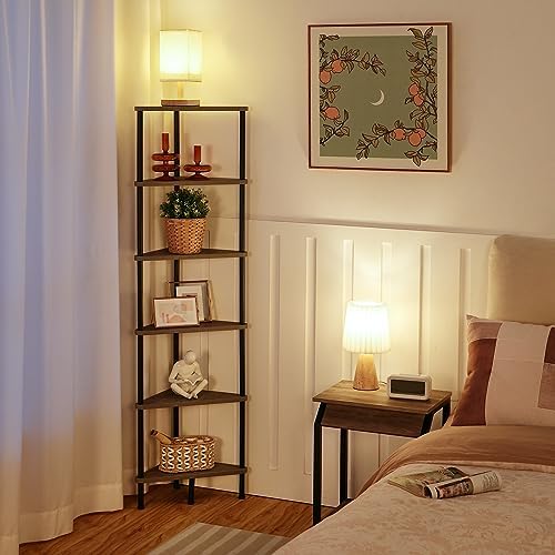 HOOBRO Corner Shelf Stand, Industrial 6-Tier Corner Bookshelf with Metal Frame, Plant Display Shelf, Bookcase for Small 