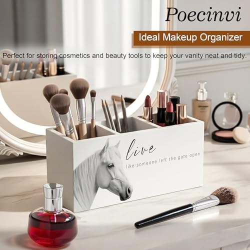 Inspirational White Horse Pen Holder for Home Office Desk, Horse Lover Gifts, Live Like Someone Left the Gate Open Motivational Wooden Box Sign Pencil Holder for Desk Shelf Organizer