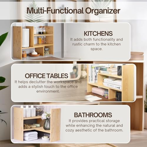 Flexzion Natural Wooden Desktop Shelf Wood Caddy Desk Organizer Set Office Storage Adjustable Expandable Tabletop Access