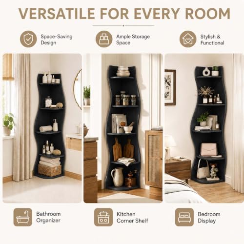 HRVEOCEI 5-Tier Wavy Corner Shelf with Curvy Shape for Small Space, Black
