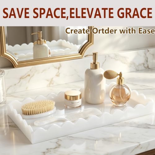 White Scalloped Acrylic Tray 5mm Thicken for Vanity Makeup,Perfume,Soap Dispenser,Napkin,12x6 Decorative Serving Tray fo