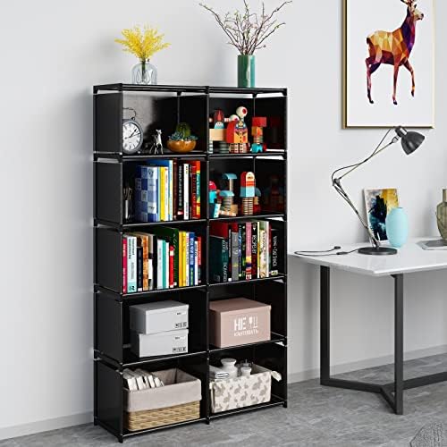 JIUYOTREE 6-Tiers Portable Bookshelf with Fabric Cloth at Back, 10 Cube Closet Storage Organizer Bookcase, Living Room,S