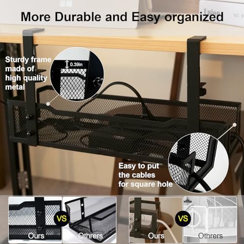 No Drill Under Desk Cable Management Tray with clamp-Premium Wire Tray Cord Organizer – Thin Steel Cable Tray Basket wit