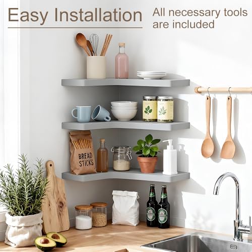 Floating Corner Shelves Set of 3, Solid Wood Picture Wall Shelf, Floating Shelves for Storage for Bedroom Kitchen Bathro