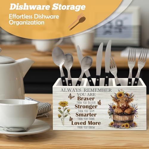 Inspirational Highland Cow Pen Holder Organizer for Desk Accessories, Positive Quote Heifer Wooden Box Sign Desk Decorations for Home Office Decor, Highland Cow Gifts for Women