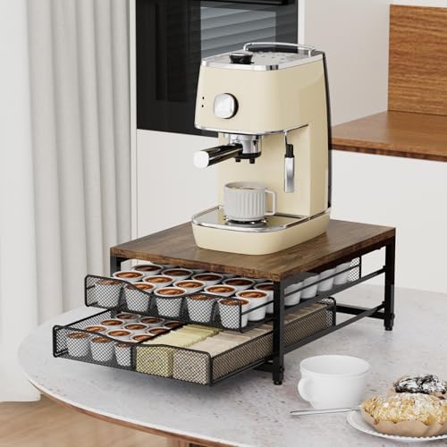 VyGrow Coffee Pod Holder For Counter, Wooden K Cup Holder with Double Layer Sliding Drawer, Large Capacity Coffee Pod St