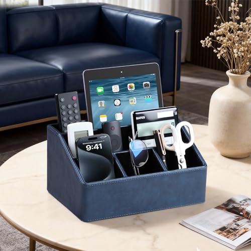 PU Leather Desk Organizer, Remote Control Holder, Dark Blue