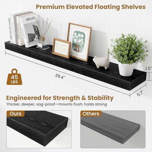 Fun Memories 40 Inch Floating Shelves, Long Wood Wall Shelf Set of 2 with Invisible Brackets, for Bathroom, Living Room,