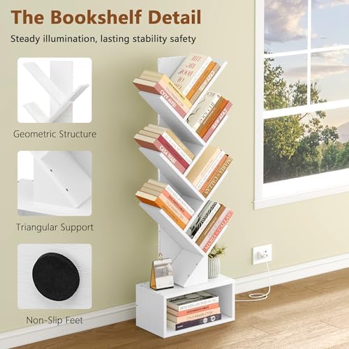 Hoctieon 6 Tier Tree Bookshelf with LED Lights, Small Bookcase, Freestanding Book Shelf, Display Floor Standing Storage 
