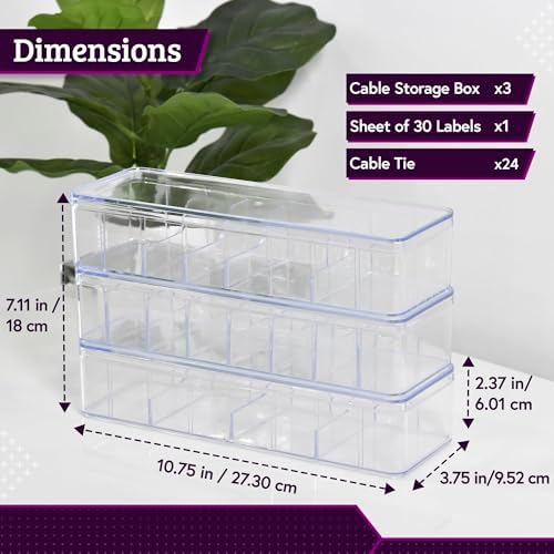 Set of 3 Cable Organizer Box W/Labels - Charger Box, Stackable W/Lids-Cord Organizer Junk Drawer- Cord Storage Box for D