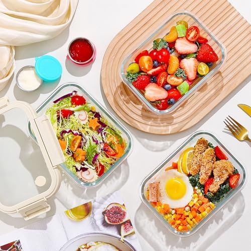 Glass Food Storage Containers with Glass Lids, Stainless Steel Salad Dressing Containers, Microwave-safe LeakProof Food Containers Set, 5-pack 35 oz（White）