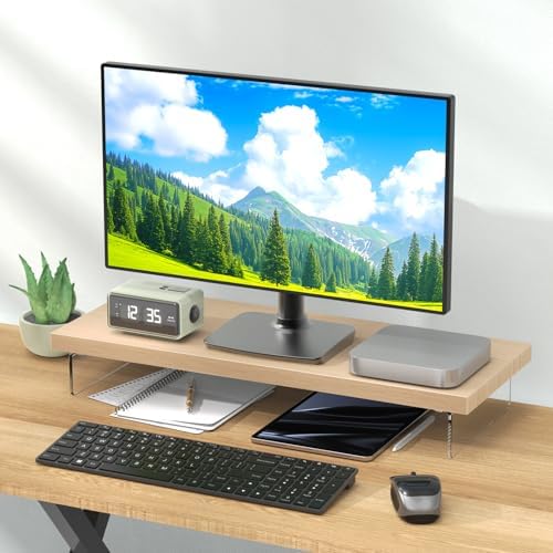 Monitor Stand Riser, 25x10 in Wood & Acrylic Computer Desk Organizer Shelf