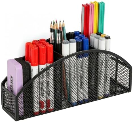 Large Magnetic Marker Holder, Heavy Duty Magnetic Whiteboard Organizer, 5 Slots Mesh Metal Magnetic Dry Erase Marker Holder Pencil Cup Caddy for Whiteboard Fridge Office (Black)