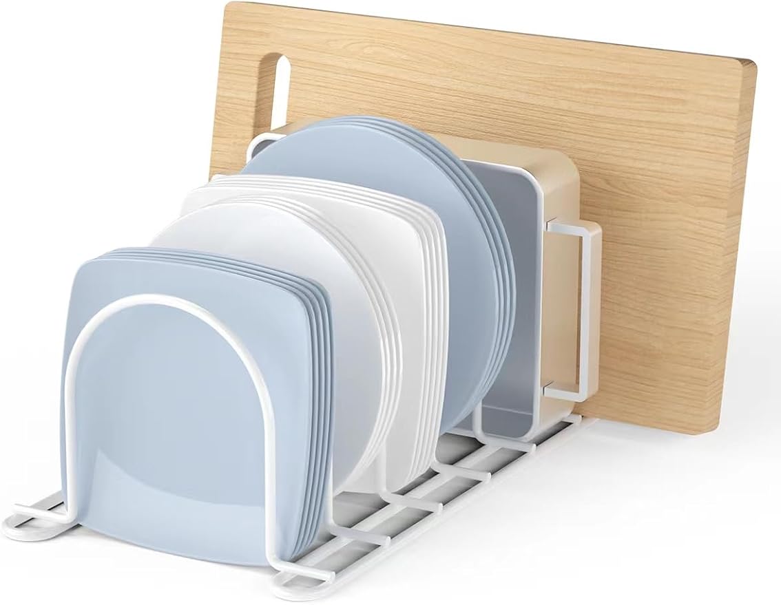 JAQ Plate Rack for Cabinet, 10.5" Vertical Dish Organizer for Plates, Pot Lids, Cutting Boards & Baking Sheets, Metal Kitchen Cabinet Organizer for Pantry Countertop (2-Pack, White)