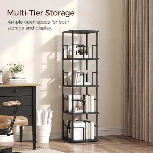 MAHANCRIS 4-Tier Rotating Bookshelf, Freestanding Corner Bookshelf, 360° Spinning Bookcase, Industrial Style Storage Rac