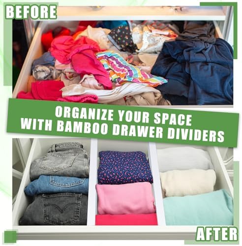 DoubleFill 4 Pcs Deep Bamboo Drawer Dividers, Deep Kitchen Dresser Drawer Organizer with Spring Loaded for Clothes, Adju