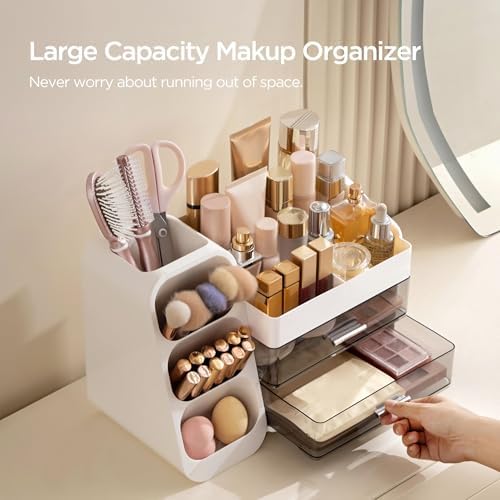 HBlife Makeup Organizer with Brush Holder for Vanity, Large Plastic Bathroom Countertop Organizer Skin Care Storage, Eas