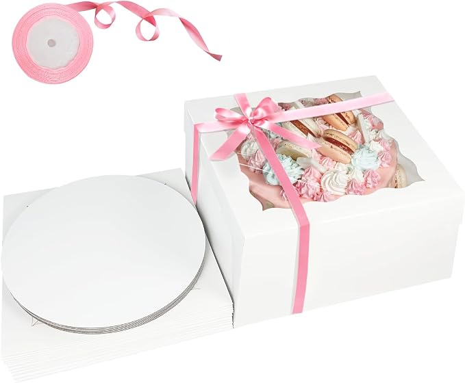 qiqee White 10x10x8 Cake Box, 4 Sets Cake Box with Window ＆ 4 Sets 10" Cake Round Boards, 10inch Cake Containers, 10 Meters Pink Silk Ribbon Includes