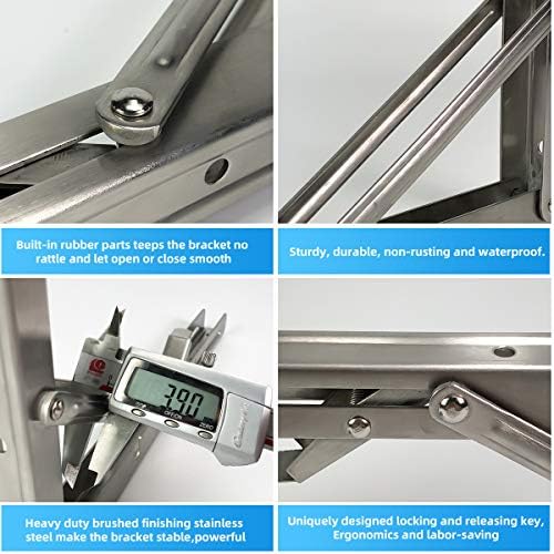 Folding Shelf Brackets 16 Inch, Heavy Duty Stainless Steel Collapsible Hinges Wall Mounted Angle L Bracket for Floating 