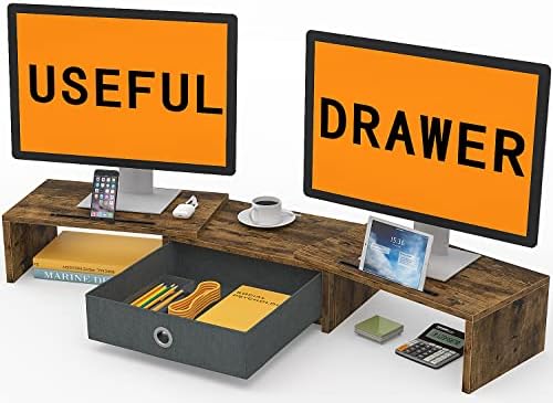 WESTREE Dual Monitor Stand Riser with Drawer, Monitor Stand Riser for 2 Monitors, Adjustable Length and Angle, 2 Solts f