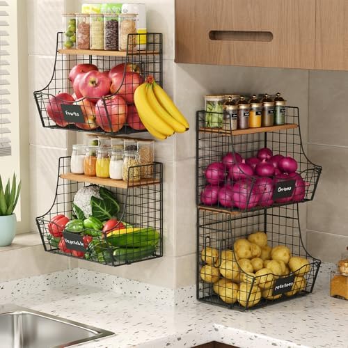 4 Pack Fruit Basket for Kitchen with Lid, Counter&Wall Mounted Hanging Fruit Basket, Potato and Onion Storage, Metal Wir