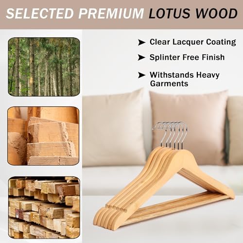 Wooden Hangers Premium Natural Bamboo Wood Hanger Well Polished Ergonomic Design & Sharply Cut Notches with Swivel Hook 