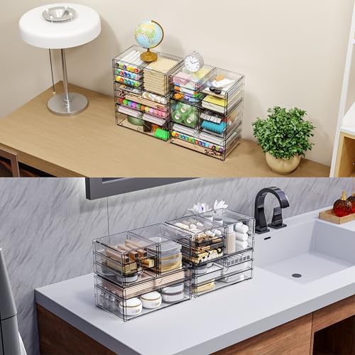 Yieach 2 Pack Acrylic Storage Drawers With 12 Small Drawer,Stackable Office Cabinet Organizer and Makeup Organizer,Clear