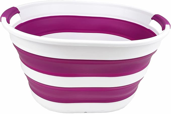 SAMMART 23L (6 Gallons) Collapsible Plastic Laundry Basket - Oval Tub/Basket - Foldable Storage Container/Organizer - Portable Washing Tub - Space Saving Laundry Hamper (White/Purple)