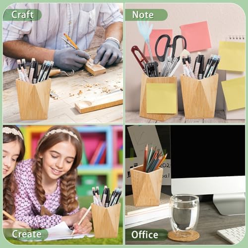 Henoyso 2 Pcs Bamboo Wood Pen Pencil Holder Geometric Pencil Cup Stand Makeup Organizer for Pen Holder Desk Home Office Adults(Bamboo)
