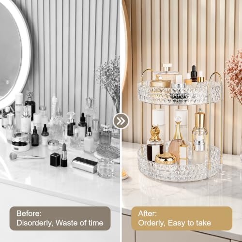 Large Capacity Rotating Makeup Organizer Perfume Stand Holder, 2 Tier Clear