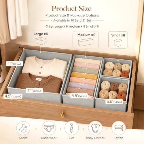 Drawer Organizer Storage for Clothes, Socks, 21 Pack, Grey