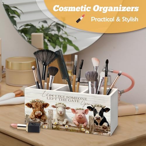 Farmhouse Highland Cow Sheep Pig Pen Holder Organizer for Desk Accessories, Live Like Someone Left the Gate Open Funny Animal Wooden Box Sign Desk Decorations for Home Office Decor