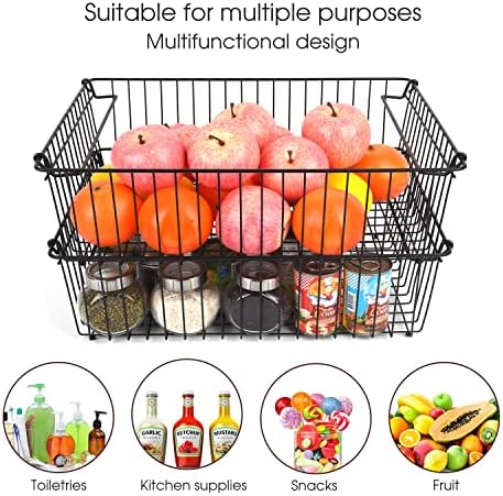 Set of 2 Stackable XXL Wire Baskets For Pantry Storage and Organization -16x12in Large Metal Food Baskets -Vegetable,Fru