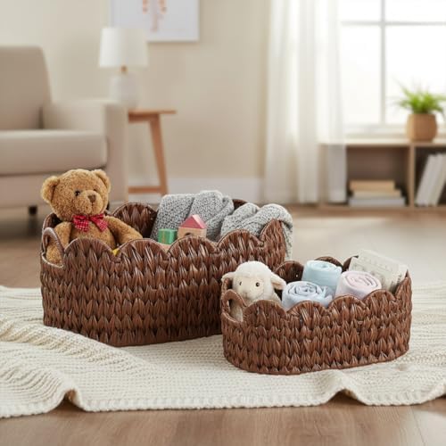 Coeusy Wicker Scalloped Basket Set of 2,Woven Storage Baskets for Shelves,Closet,Laundry,Gift,Towels,Books,Toys,Waterproof Cute Decor Basket for Organizing,Brown