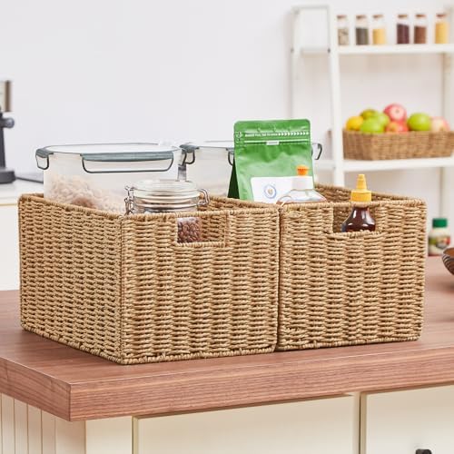 Vagusicc Wicker Storage Basket, Set of 2 Hand-Woven Paper Rope Wicker Basket, Small Storage Baskets for Organizing Toile