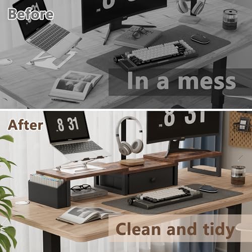 LAND·VOI Heavy Duty Dual Monitor Stand, Holds 2 Screens Up to 27 Inches, Adjustable Length and Angle Monitor Riser, Desk