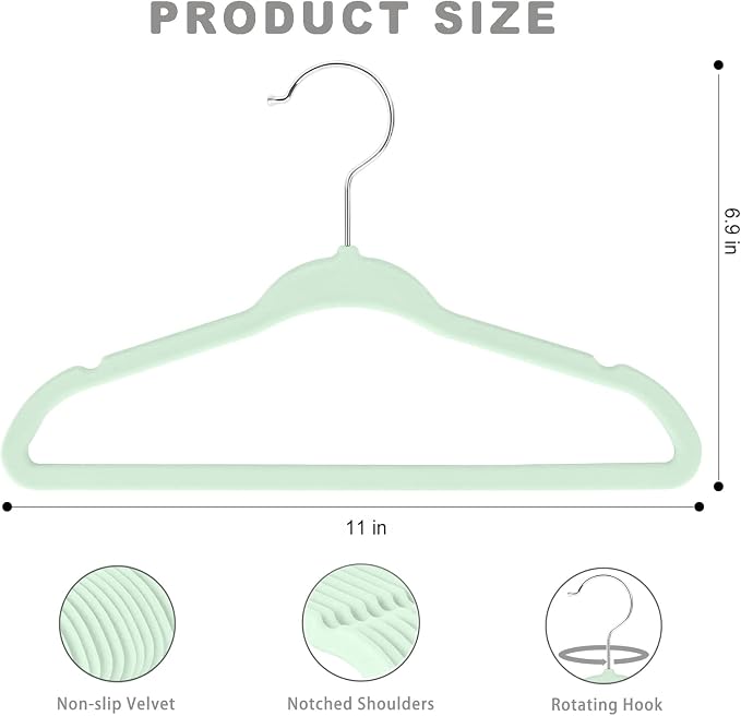 BAGAIL 50 Pack Kids Velvet Hangers 11 Inches Children's Clothes Hangers Non-Slip Baby Hangers for Infant/Toddler (Lime Cream)