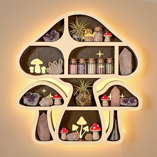 Mushroom Decor Floating Shelves with Lights, Crystal Display Shelf for Wall