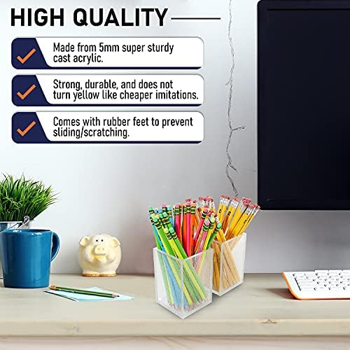 Acrylic Pen Holder Organizer Two Pack, 5mm Thick Clear Pencil Cup for Storing Office Supplies, Makeup Brush Accessories, Toothbrush, Hairbrush, Glasses, and More. Pencil Cup Organizer (Clear Glitter)