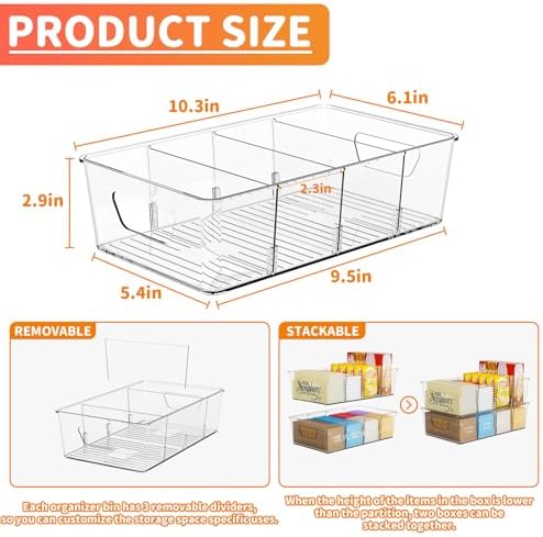 Stackable 6 Pack Snack Organizer for Pantry Shelf,Clear Pantry Organizers and Storage Bins for Fridge,Office,Cupboard,Pl
