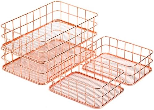 Hacaroa 4 Pack Rose Gold Wire Mesh Basket, Metal Desk Drawer Organizer Desktop Holder Tray for Cosmetic, Stationery, Magazines, Fruit Snacks, Home, School, Office, 2 Size