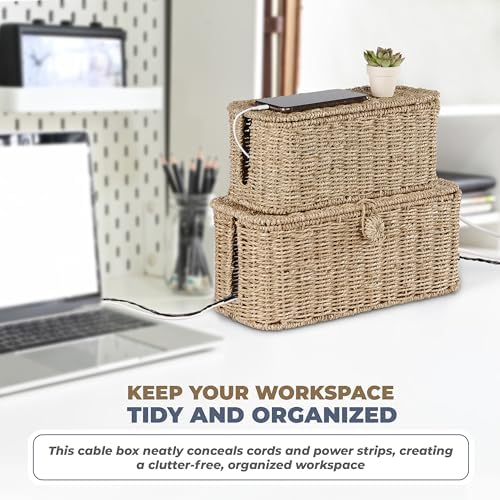 Bluewest 2-Pack Cable Management Box with Lids, Rattan Cord Organizer