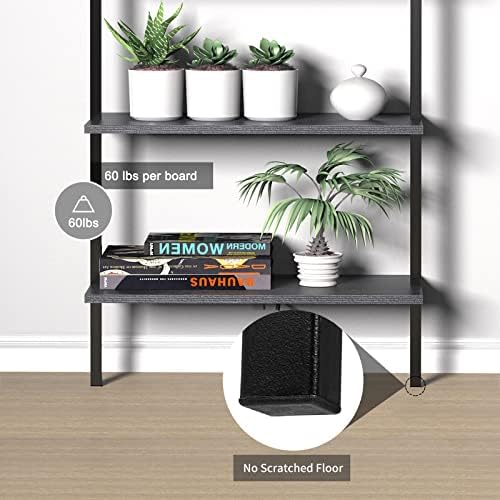 Ladder Shelf Bookshelf, 5-Tier Industrial Bookshelf with Metal Frame and Wood Board, Wall Mounted Bookcase Open Shelf Or