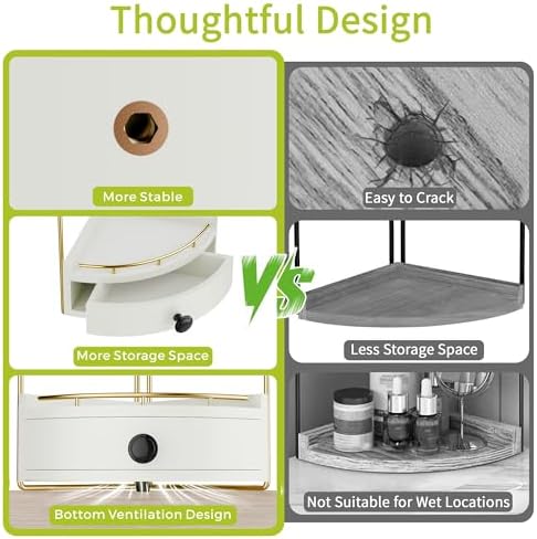 2-Tier Corner Bathroom Counter Organizer with Drawer, White Gold